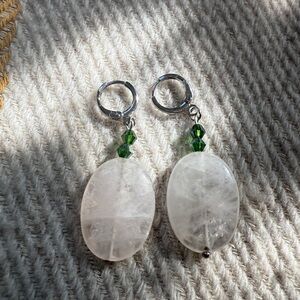 Silver and Green Drop Earrings with Quartz and Crystals